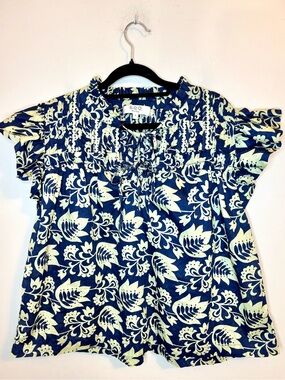 Sea New York Navy Green Floral Smocked Flutter Sleeve Blouse Size L